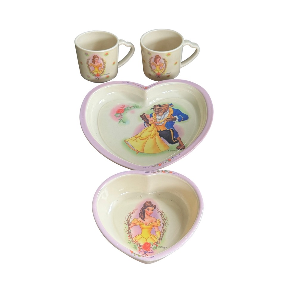 Vintage Disney Beauty and the Beast Heart Melamine Set Plate Bowl Mugs